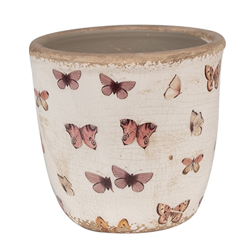 Clayre & Eef Blumentopf Ø 13x12 cm Beige Rosa Keramik Schmetterlinge