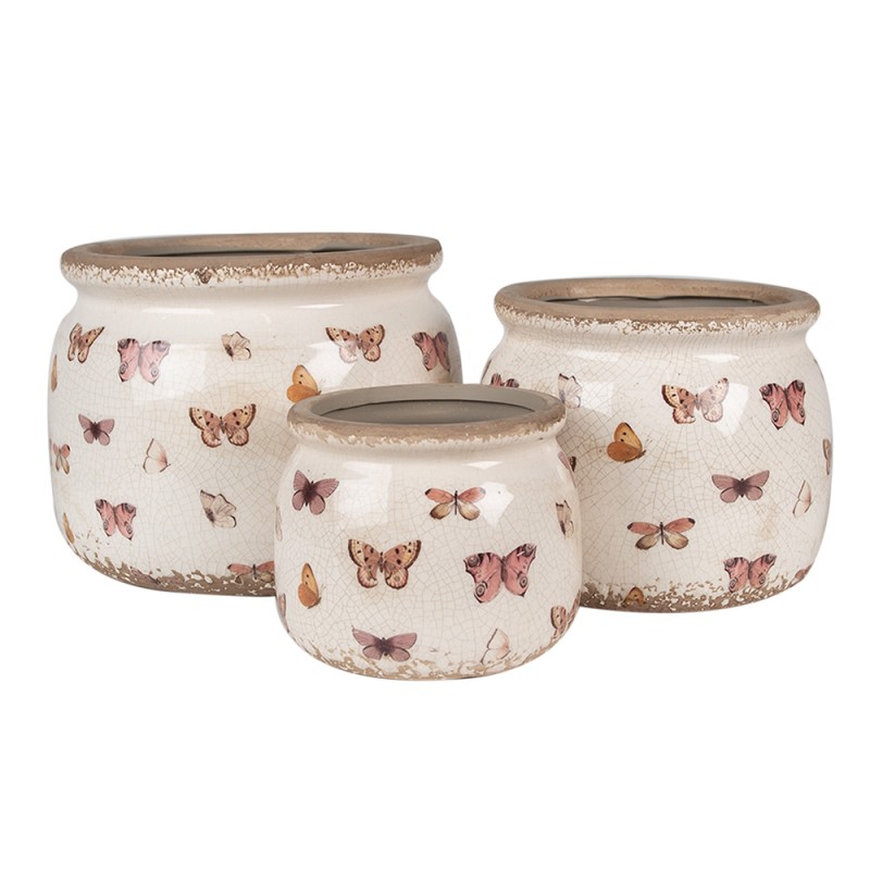 Clayre & Eef Fioriera Ø 20x15 cm Beige Rosa  Ceramica Farfalle