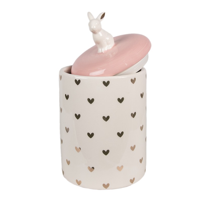 Clayre & Eef Barattolo di stoccaggio Coniglio Ø 13x30 cm Rosa Bianco Ceramica Cuoricini