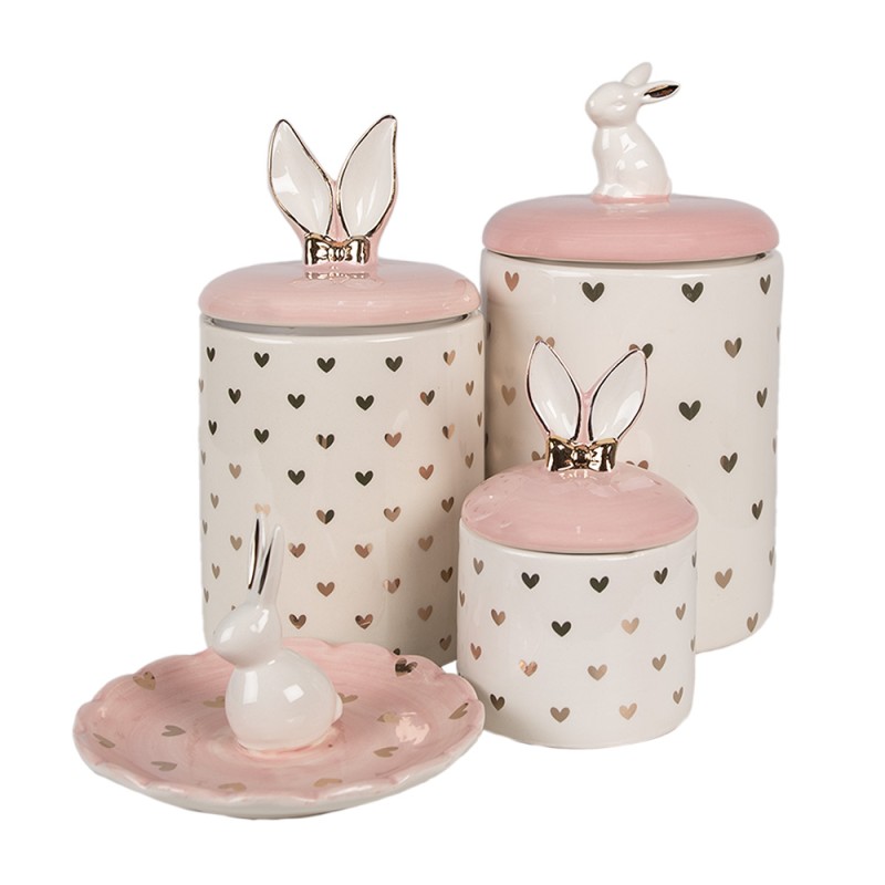 Clayre & Eef Barattolo di stoccaggio Coniglio Ø 13x30 cm Rosa Bianco Ceramica Cuoricini
