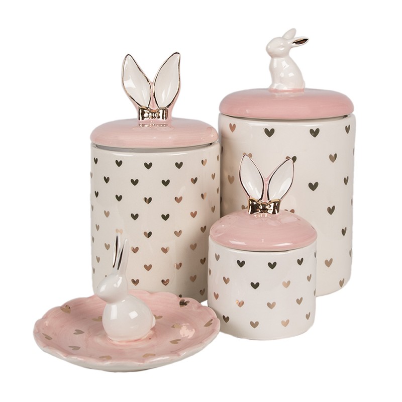Clayre & Eef Voorraadpot Ø 9x14 cm Wit Roze Keramiek Hartjes
