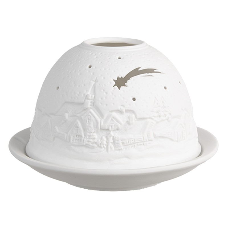Clayre & Eef Waxinelichthouder Ø 12x8 cm Wit Porselein Winter