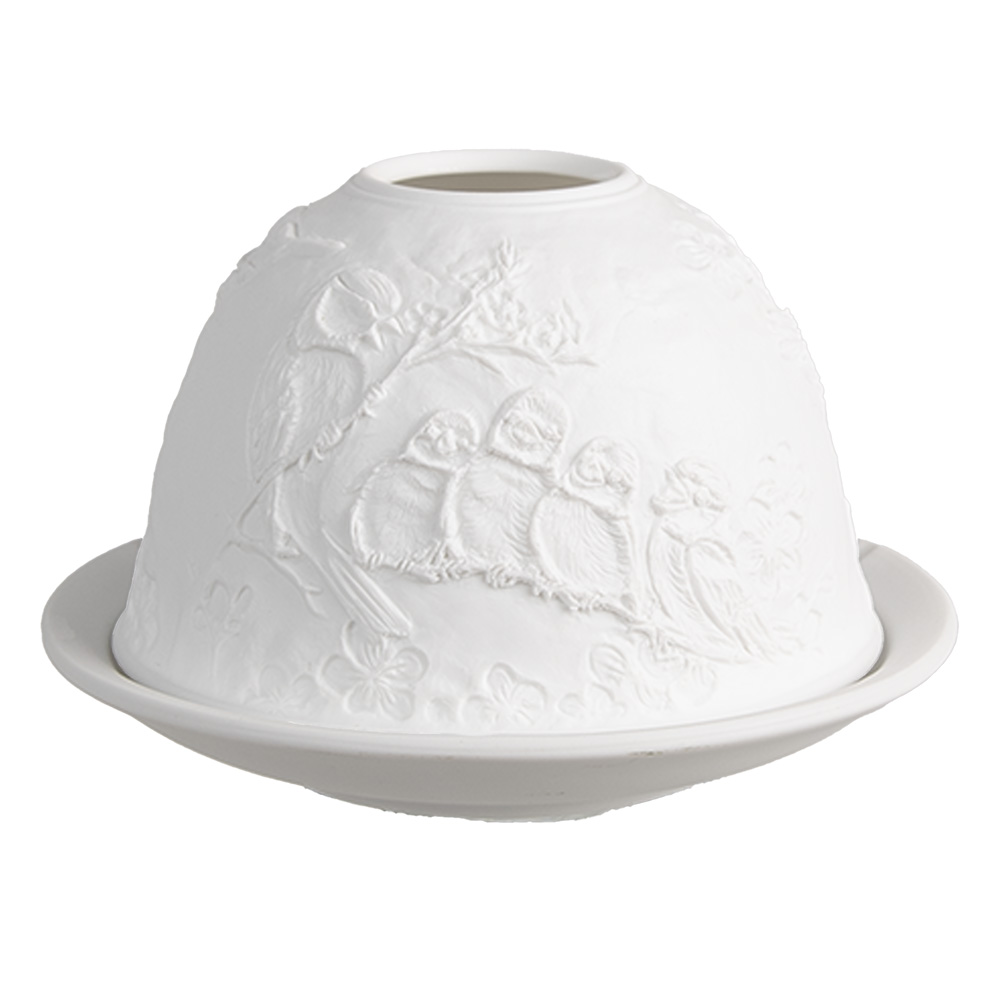 Clayre&Eef WaxinelichthouderØ 12x8 cm Wit Porselein Vogels op Takken