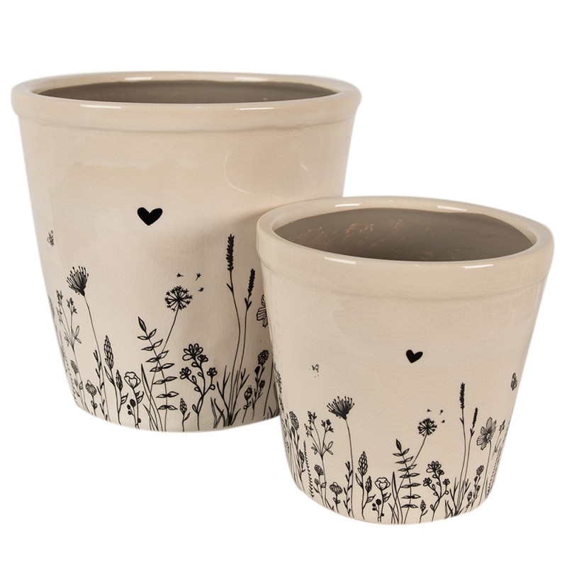 Clayre & Eef Blumentopf Ø 15x14 cm Beige Schwarz Keramik Blumen