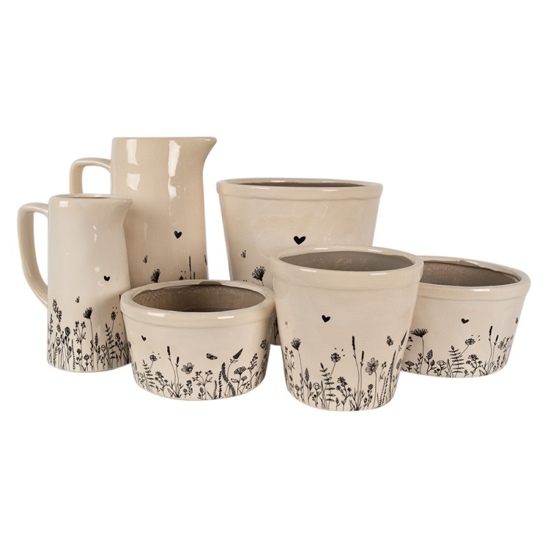 Clayre & Eef Blumentopf Ø 15x14 cm Beige Schwarz Keramik Blumen