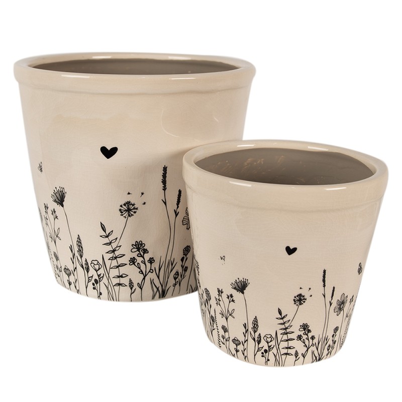 Clayre & Eef Blumentopf Ø 21x20 cm Beige Schwarz Keramik Blumen