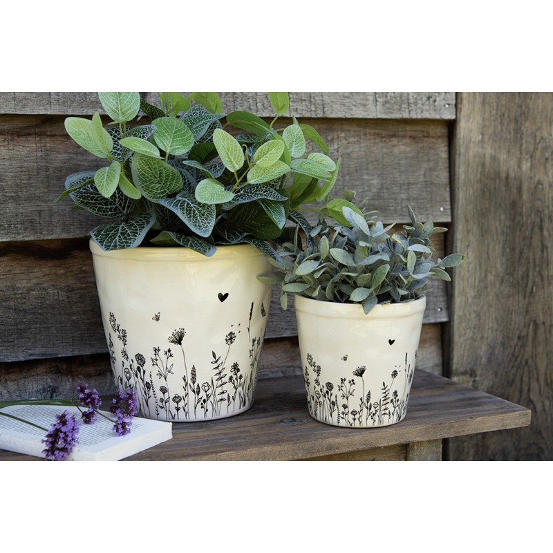Clayre & Eef Blumentopf Ø 21x20 cm Beige Schwarz Keramik Blumen