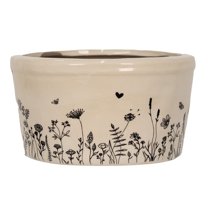 Clayre & Eef Planter Ø 16x9 cm Beige Black Ceramic Flowers