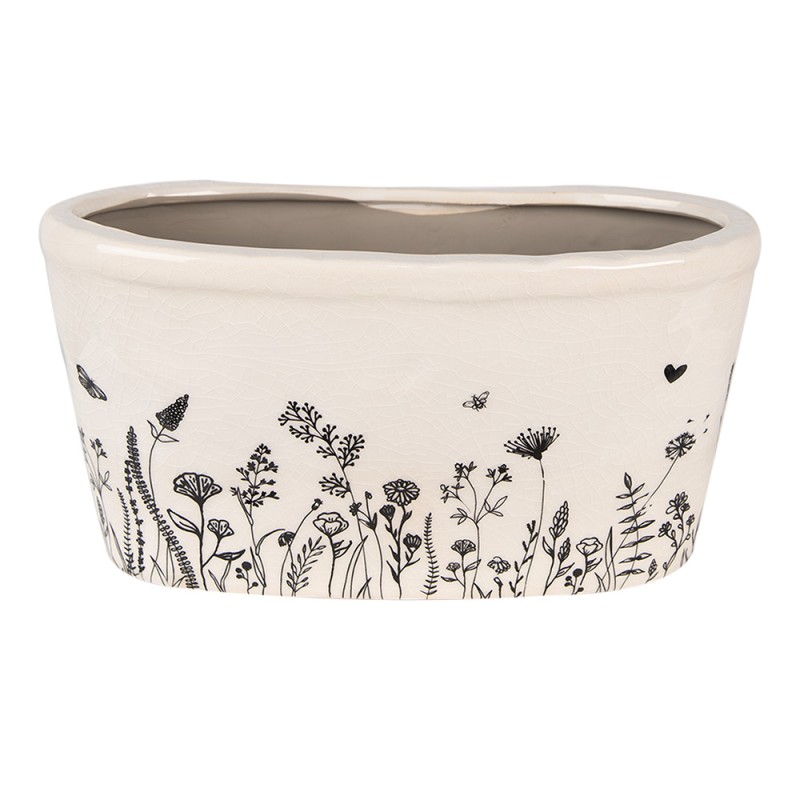 Clayre & Eef Planter 27x13x14 cm Beige Black Ceramic Oval Flowers