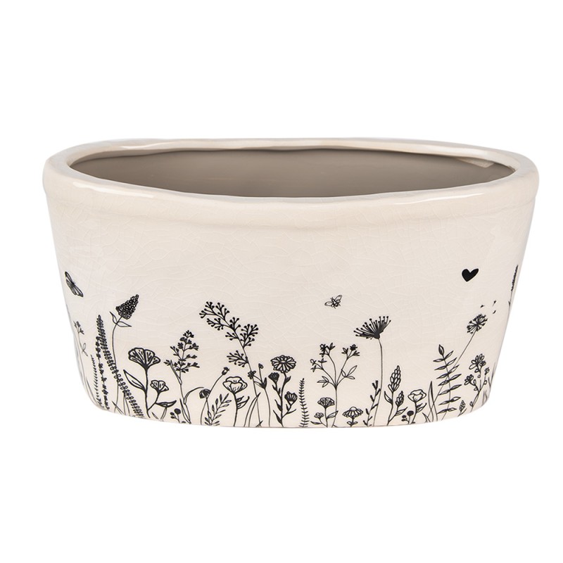 Clayre & Eef Planter 27x13x14 cm Beige Black Ceramic Oval Flowers