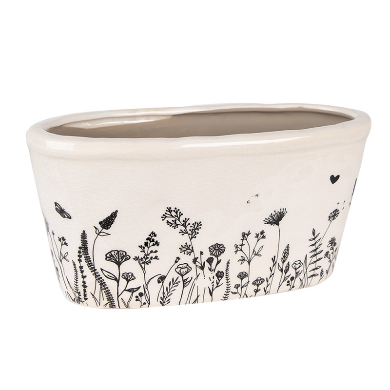 Clayre & Eef Planter 23x11x11 cm Beige Black Ceramic Oval Flowers
