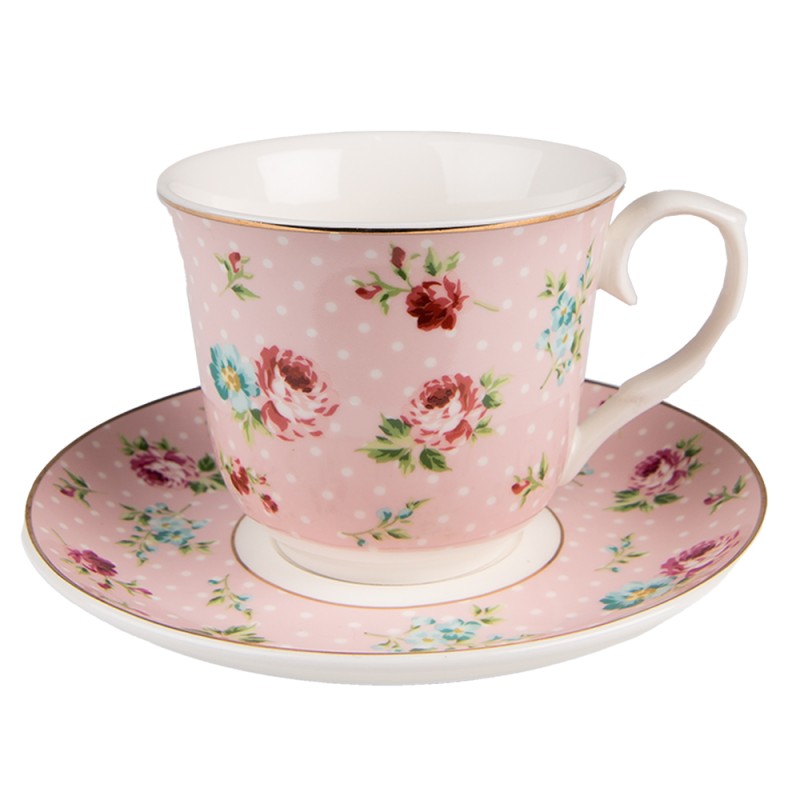 Clayre & Eef Tazza e piattino 250 ml Rosa Porcellana Fiori