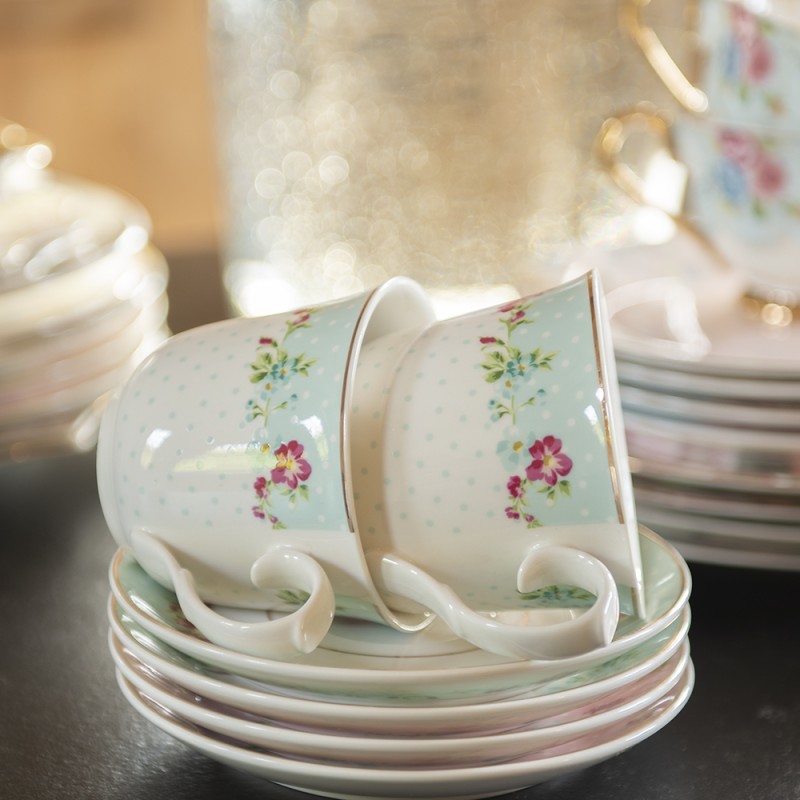 Clayre & Eef Tasse mit Untertasse 250 ml Weiß Grün Porzellan Blumen