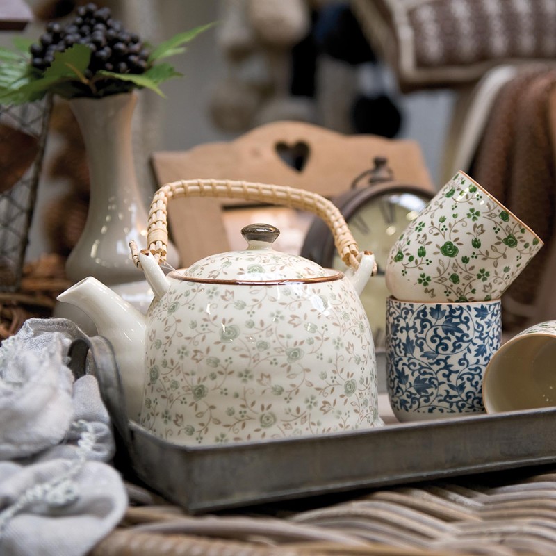 Clayre & Eef Theepot met Filter  700 ml Groen Keramiek Rond Bloemen