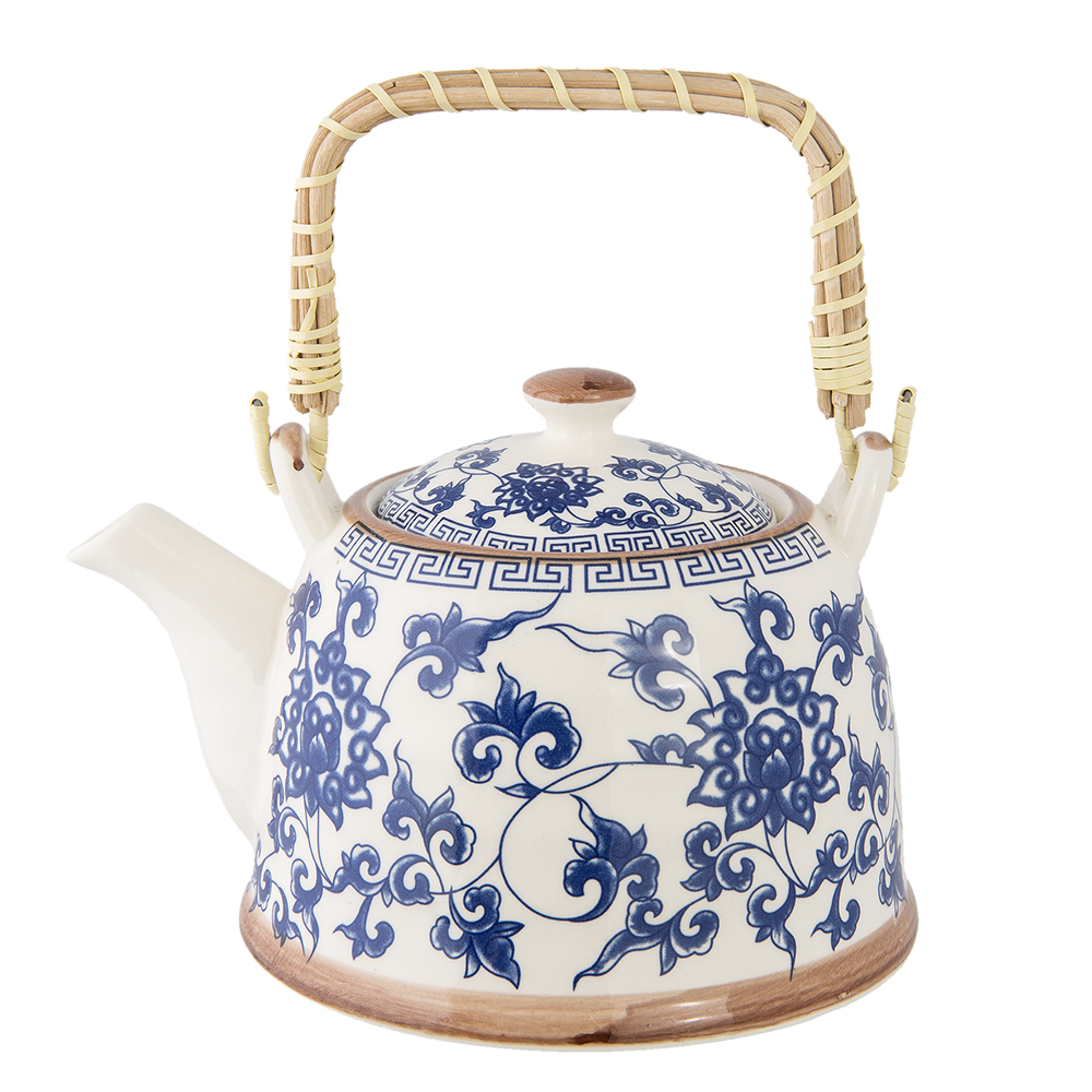 Clayre&Eef Theepot met Filter 700 ml Blauw Keramiek Bloemen afbeelding