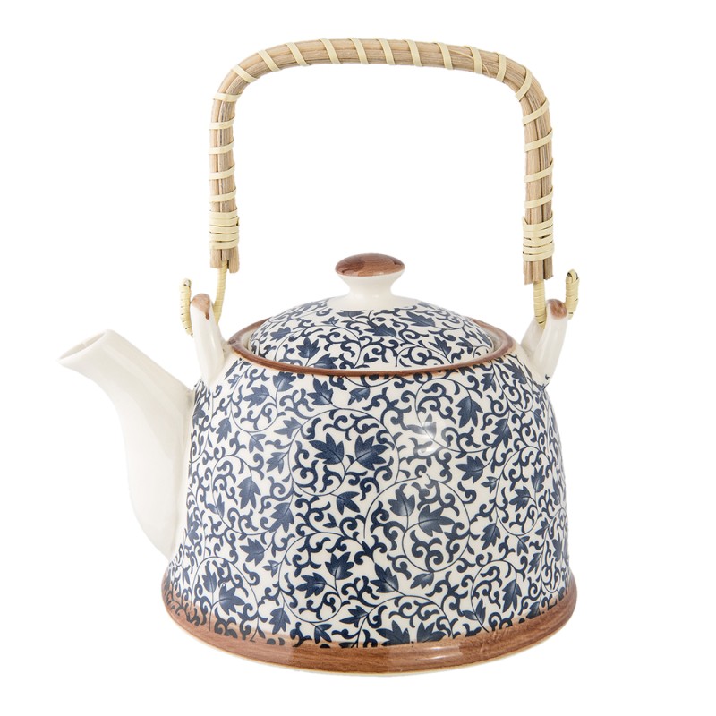 Clayre & Eef Theepot met Filter  700 ml Blauw Keramiek Rond Bloemen