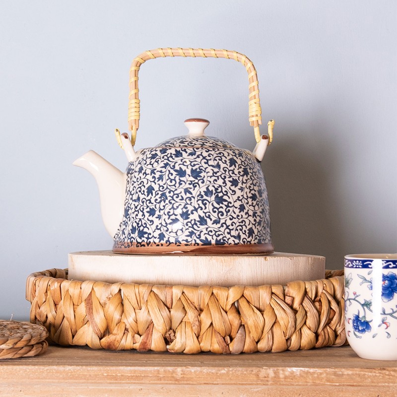Clayre & Eef Theepot met Filter  700 ml Blauw Keramiek Rond Bloemen