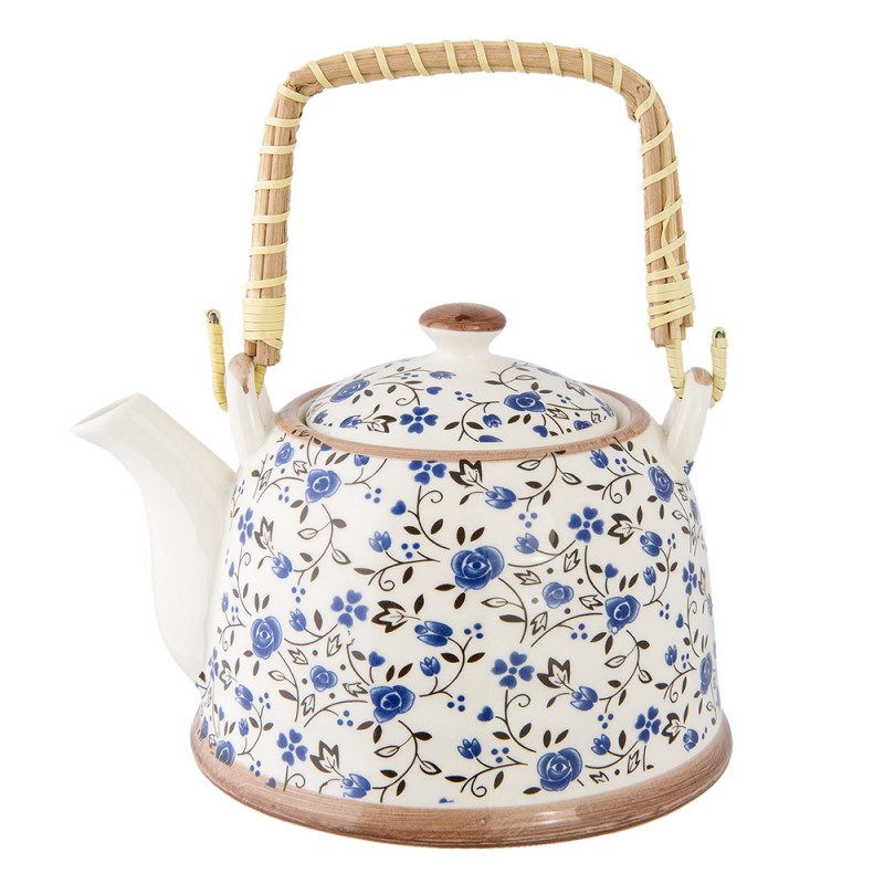 Clayre & Eef Theepot met Filter  700 ml Blauw Keramiek Rond Bloemen