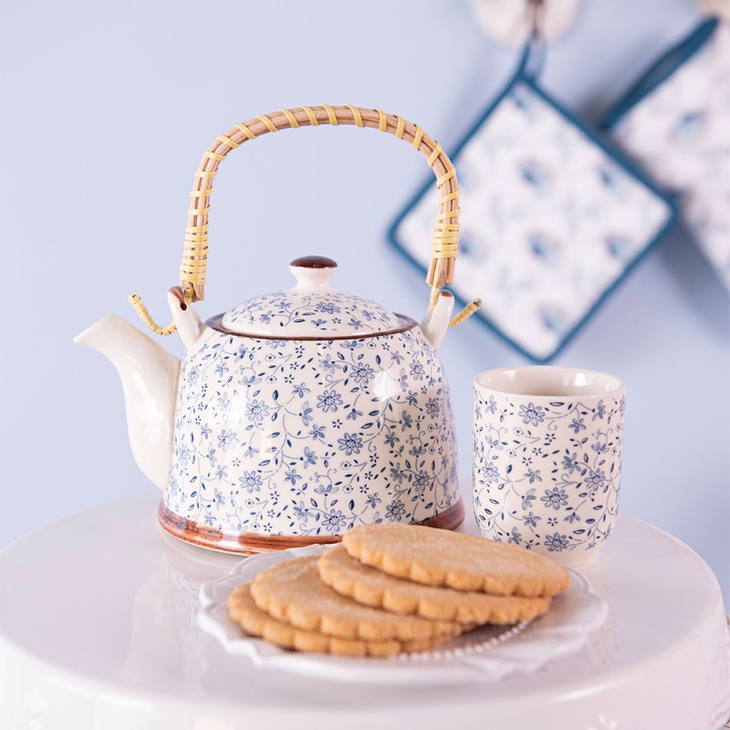 Clayre & Eef Théière avec filtre 700 ml Bleu Céramique Rond Fleurs