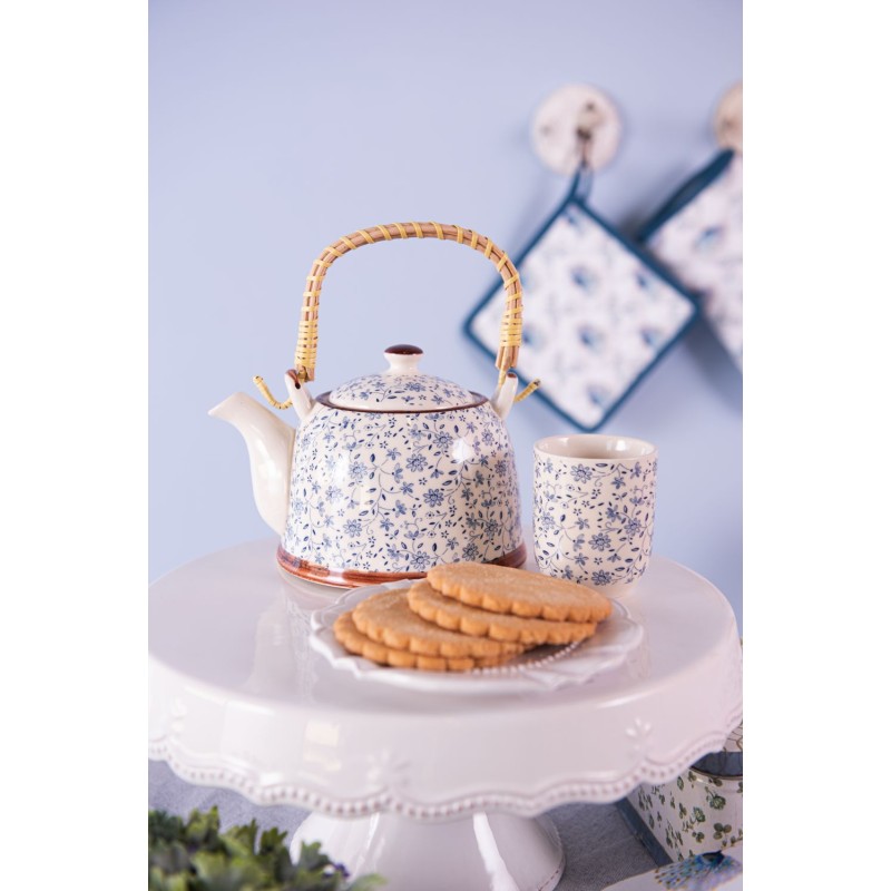 Clayre & Eef Théière avec filtre 700 ml Bleu Céramique Rond Fleurs