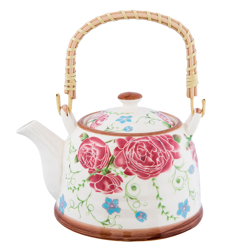 Clayre & Eef Theepot met Filter 700 ml Beige Roze Keramiek Bloemen afbeelding