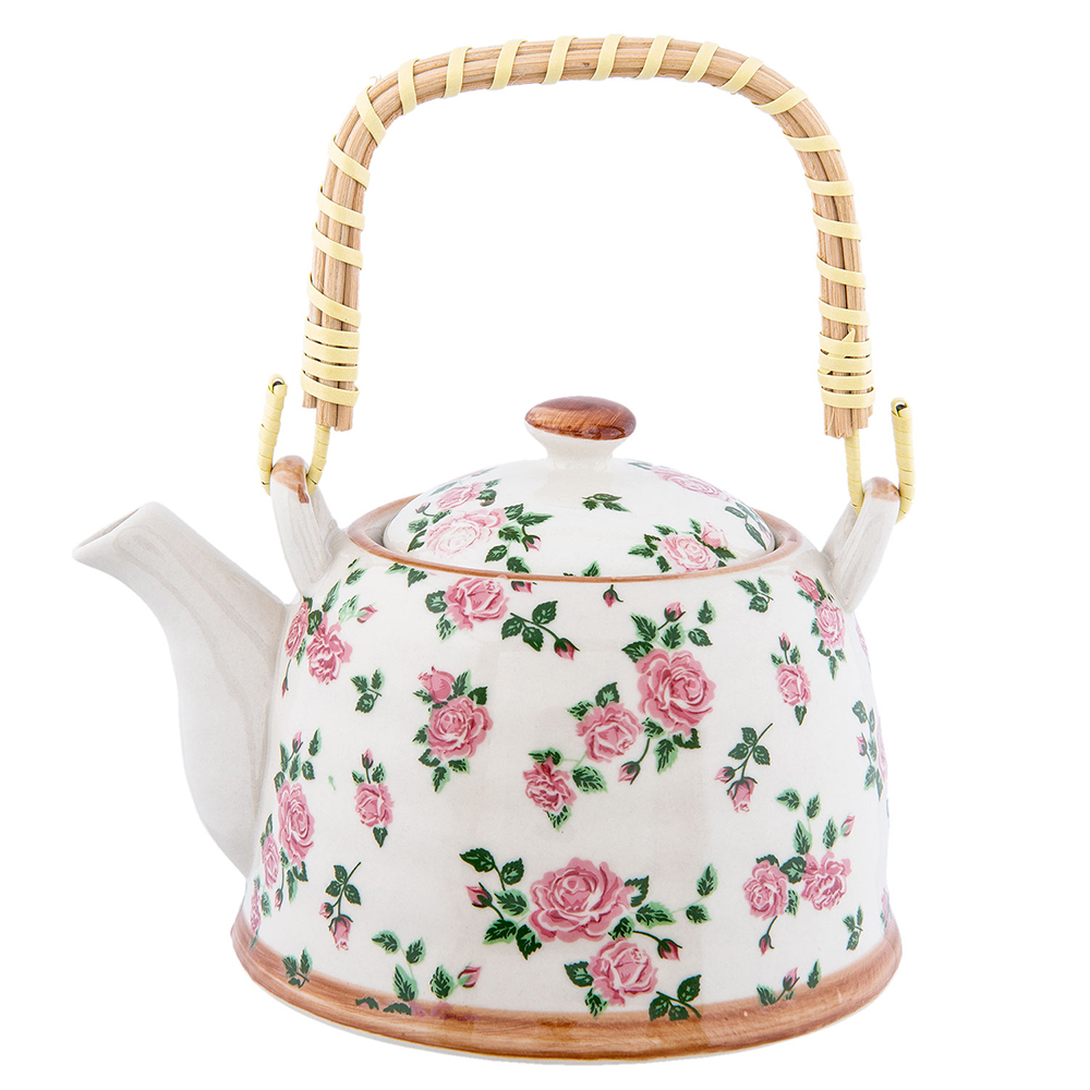 Clayre & Eef Theepot met Filter 700 ml Beige Roze Keramiek Bloemen afbeelding