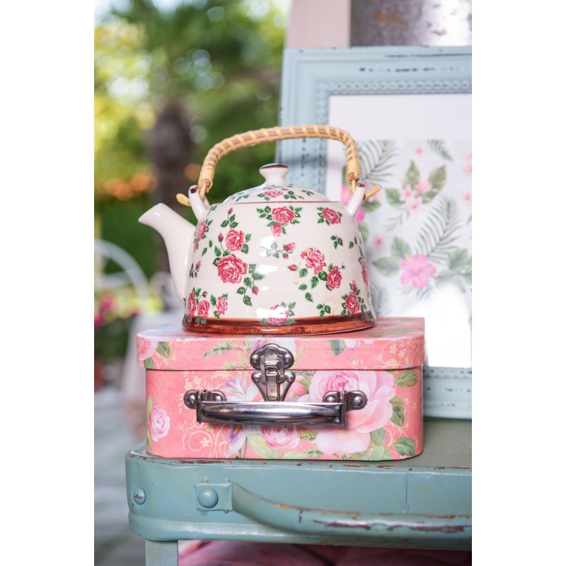 Clayre & Eef Theepot met Filter  700 ml Beige Roze Keramiek Rond Bloemen