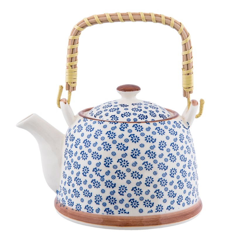 Clayre & Eef Theepot met Filter  700 ml Blauw Keramiek Rond Bloemen