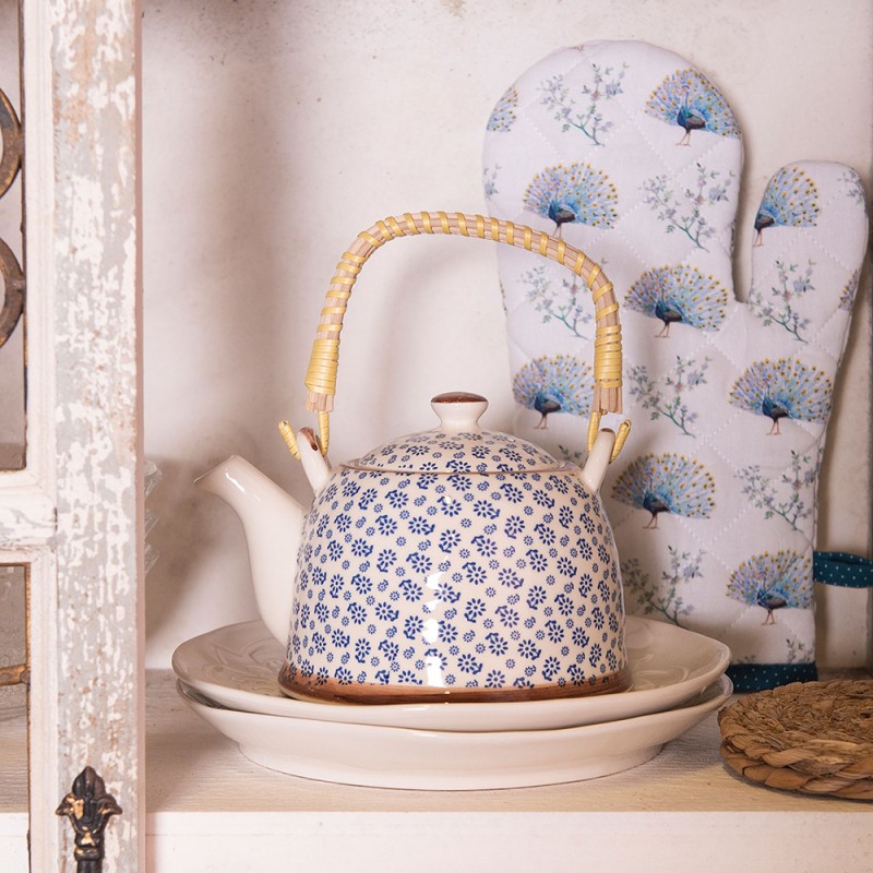 Clayre & Eef Theepot met Filter  700 ml Blauw Keramiek Rond Bloemen