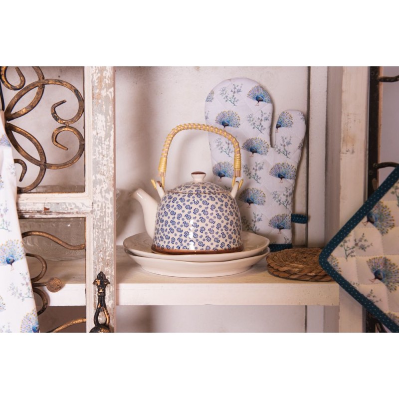 Clayre & Eef Theepot met Filter  700 ml Blauw Keramiek Rond Bloemen