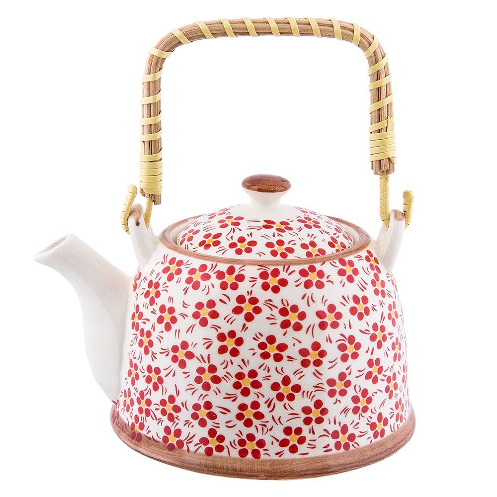 Clayre&Eef Theepot met Filter 700 ml Rood Keramiek Bloemen afbeelding