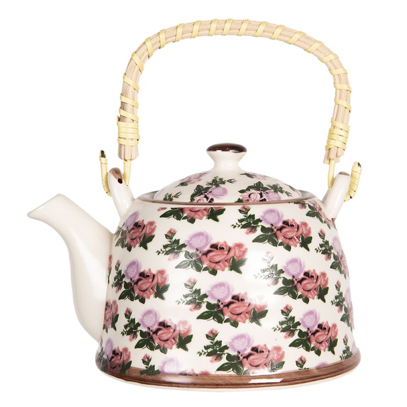 Clayre & Eef Theepot met Filter  600 ml Beige Roze Porselein Rond Bloemen