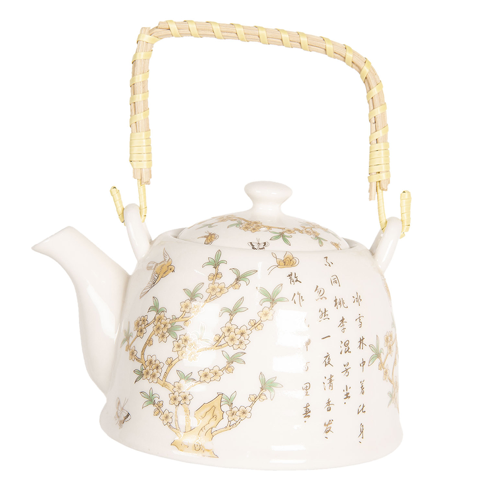 Clayre & Eef Theepot met Filter 800 ml Beige Bruin Porselein Rond Bloemen Theekan - Clayre & Eef Theepot met Filter 800 ml Beige Bruin Porselein Rond Bloemen Theekan -
