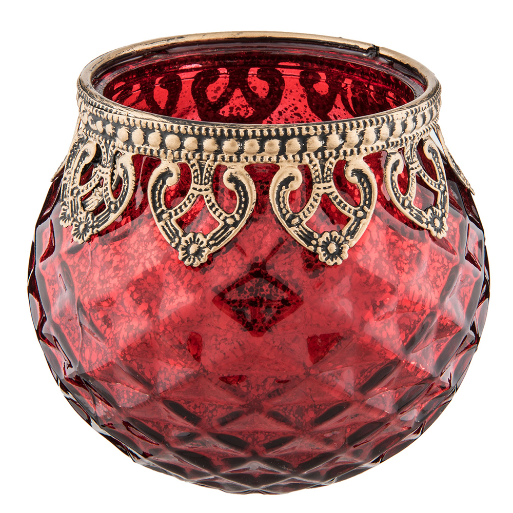 Clayre & Eef Theelichthouder Ø 10x10 cm Rood Goudkleurig Glas afbeelding 1