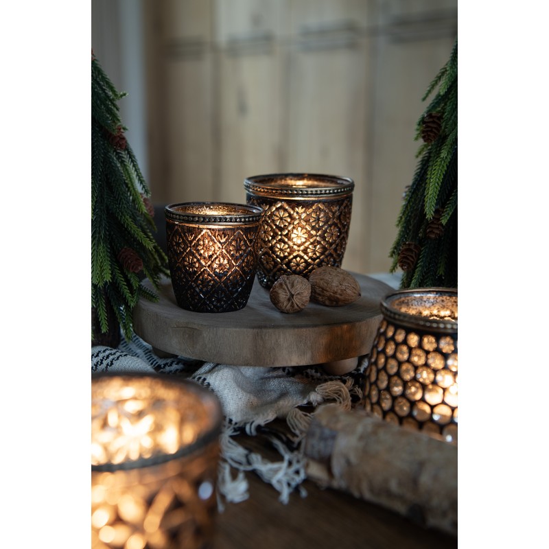 Clayre & Eef Tealight Holder Ø 8x8 cm Brown Glass Flowers