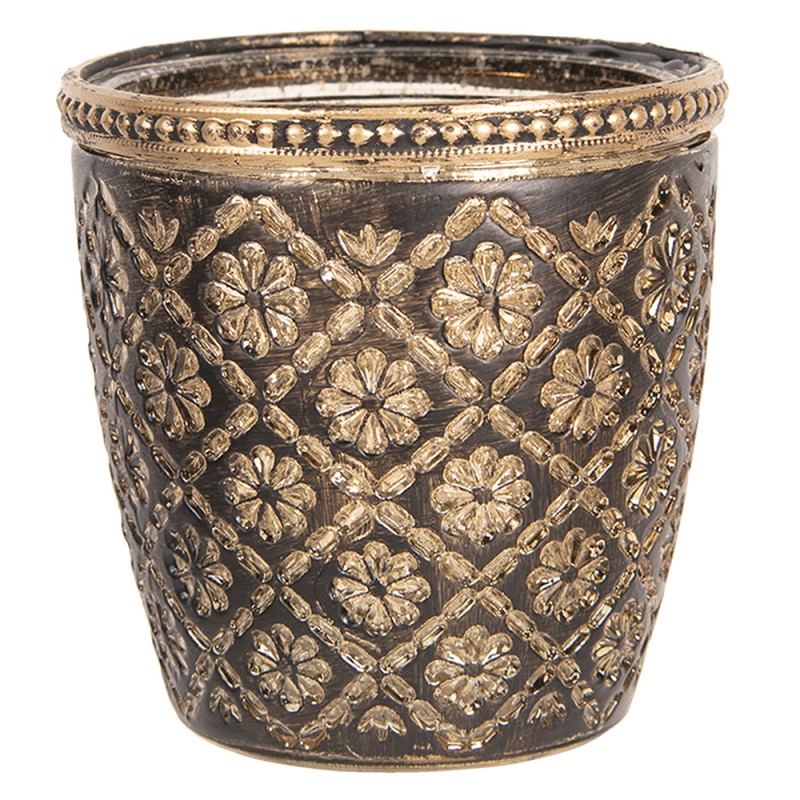 Clayre & Eef Porte-bougie Ø 9x9 cm Marron Verre Métal Fleurs