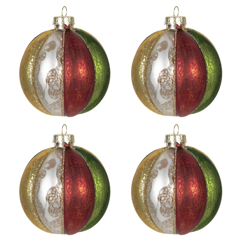 Clayre & Eef Christmas Bauble Set of 4 Ø 8 cm Red Green Glass Round