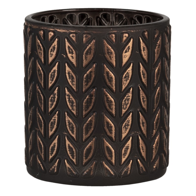 Clayre & Eef Tealight Holder Ø 7x8 cm Copper colored Black Glass Round