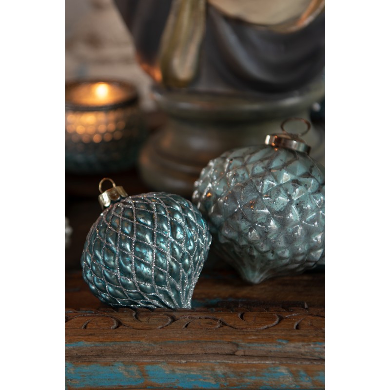 Clayre & Eef Christmas Bauble Set of 4 Ø 8 cm Blue Glass Round