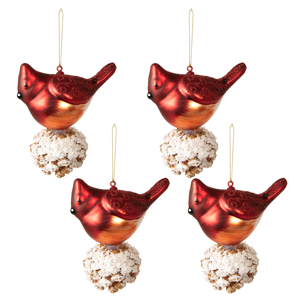 Kerstbal Set Van 4 Vogel 11X6X11 Cm Rood Wit Glas-image