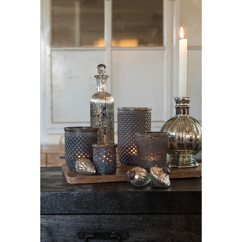 Clayre & Eef Tealight Holder Ø 10x17 cm Grey Glass Metal
