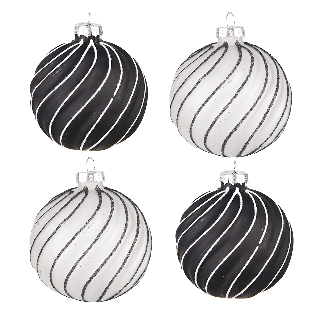Clayre&Eef Kerstbal Set van 4Ø 8 cm Zwart Grijs Glas afbeelding