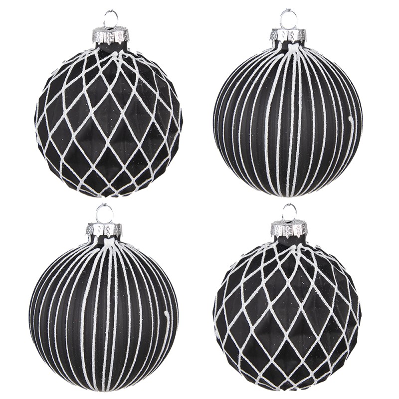 Clayre & Eef Palla di natale set di 4 Ø 8 cm Nero Bianco  Vetro