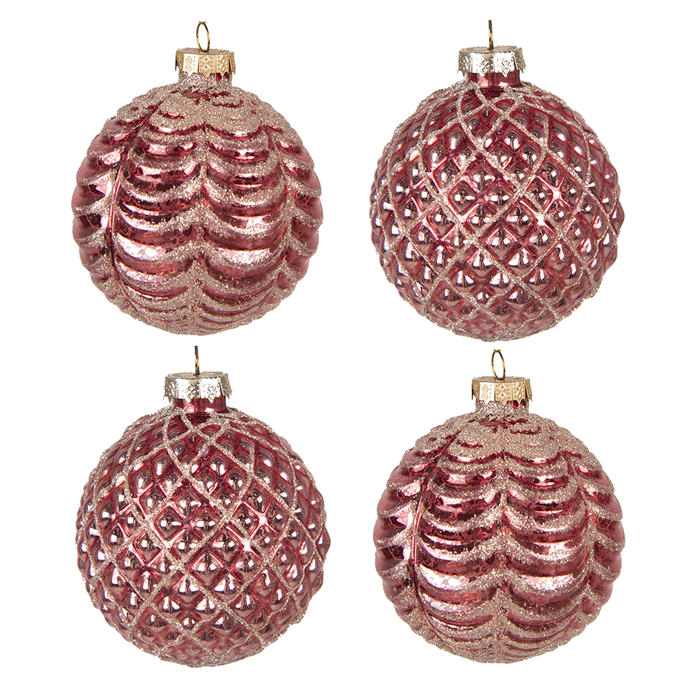 Clayre&Eef Kerstbal Set van 4Ø 8 cm Rood Glas afbeelding