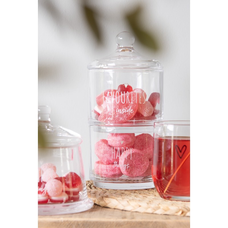 Clayre & Eef Storage Jar Lid Ø 10x21 cm Glass Round Heart Happy things / Favourites inside