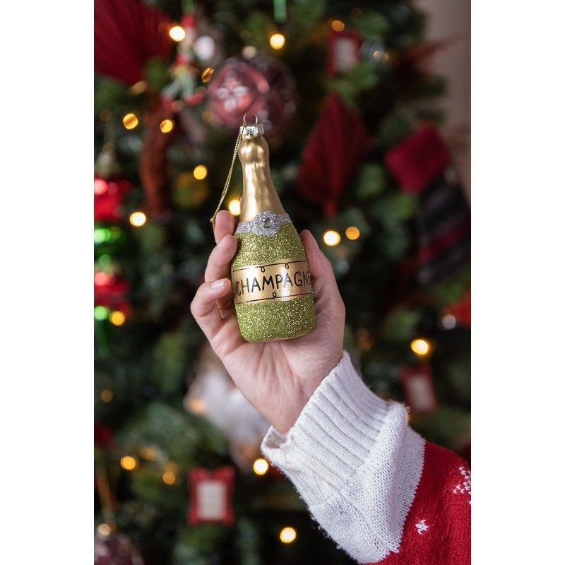 Clayre & Eef Weihnachtsanhänger Flasche 14 cm Grün Glas