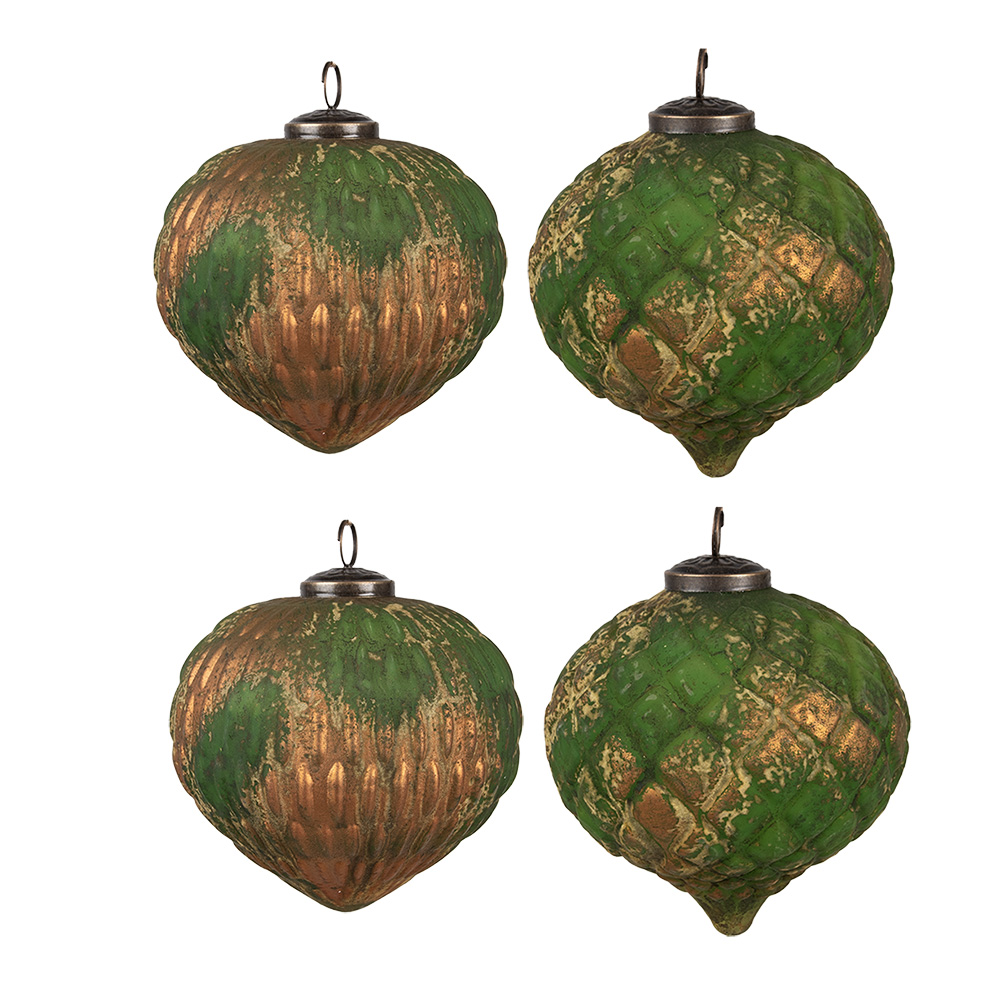 Clayre&Eef Kerstbal Set van 4Ø 13x13 cm Bruin Groen Glas afbeelding