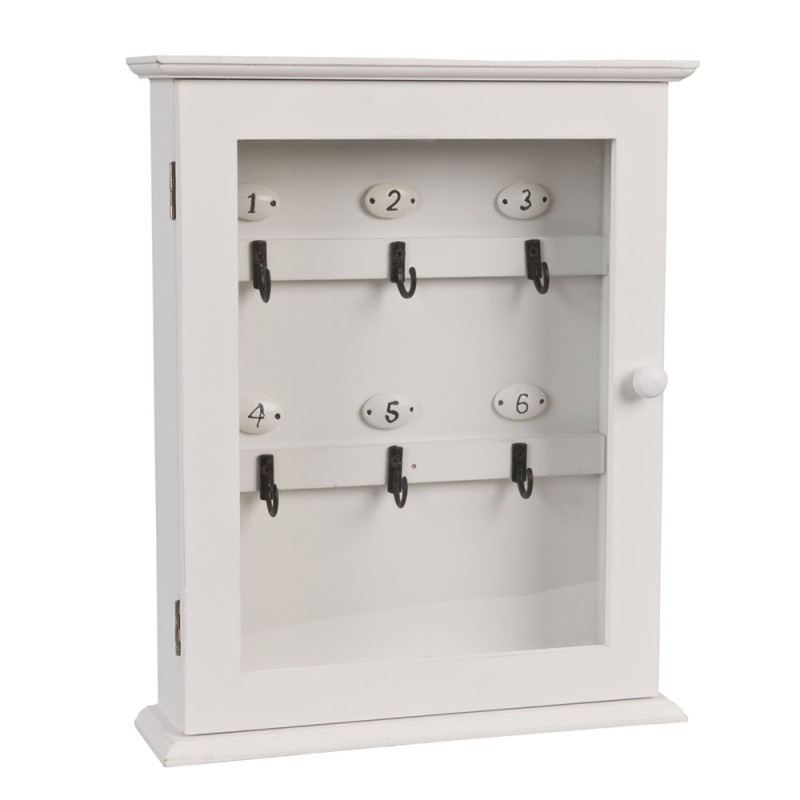 Clayre & Eef Armoire à clés 25x7x31 cm Blanc Bois Verre Rectangle