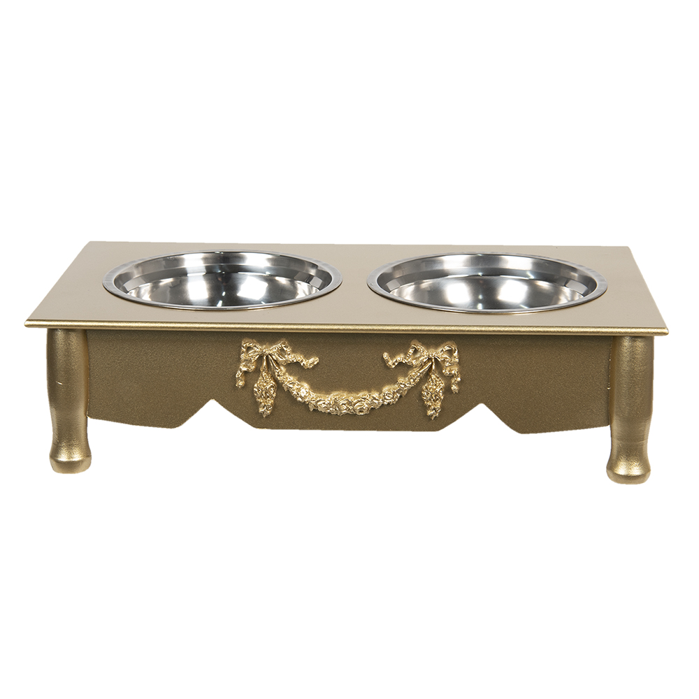 Clayre&Eef Voerbak hond 2x500 ml Goudkleurig Hout afbeelding