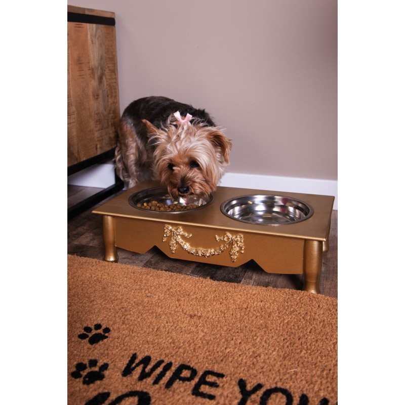 Clayre & Eef Voerbak hond 2x500 ml Goudkleurig Hout Rechthoek